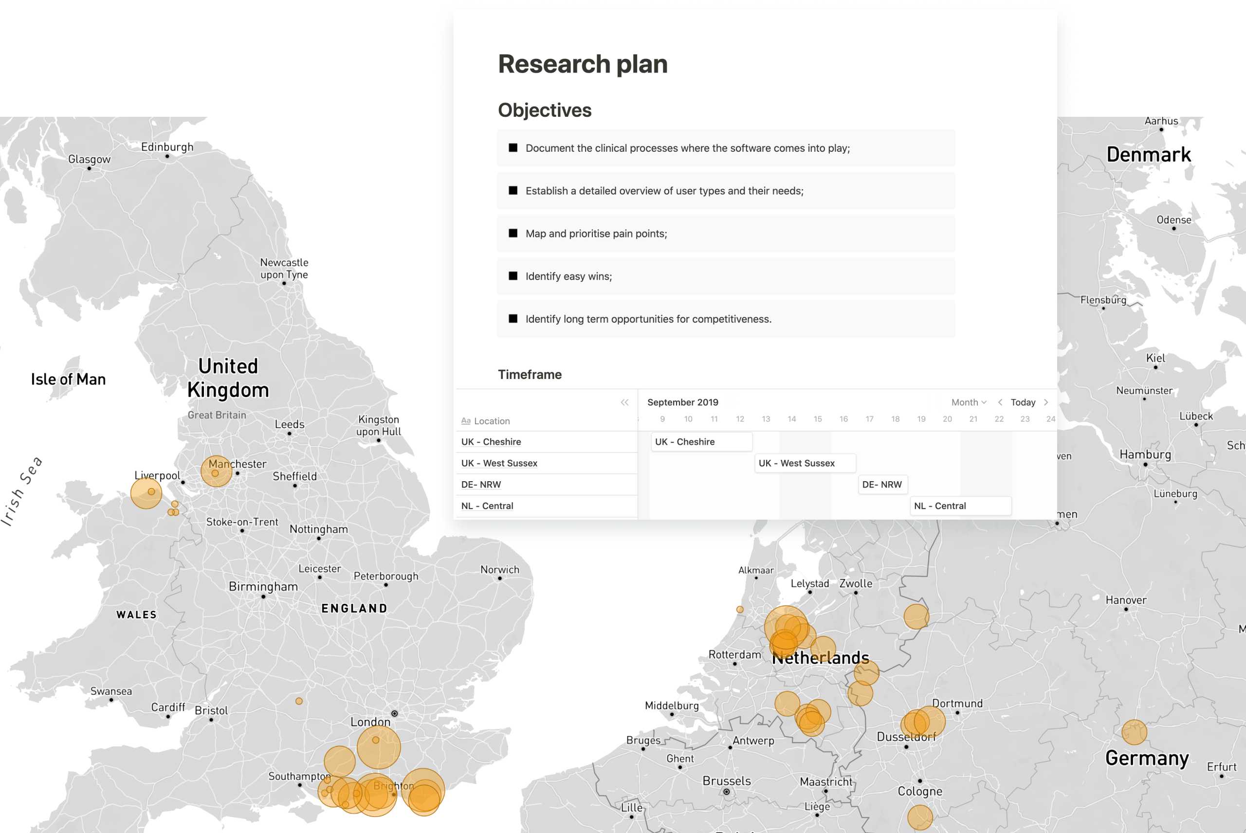 Yhdistyneen kuningaskunnan ja Saksan kartta, jossa käyttäjätutkimuksen sijainnit on korostettu